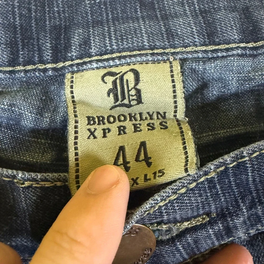 Brooklyn Xpress Mens 44 Baggy Denim Shorts Tribal Embroidered Dark Wash Jorts